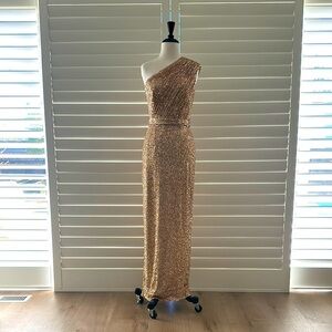 Ieena for Mac Duggal Sequined Ruched One-Shoulder Gown